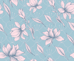 Seamless pattern with pink magnolia flowers.