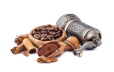 Coffee beans with cinnamon  isolated on white background. Coffee beans with spices.