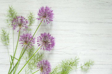 Spring wooden background with purple flowers