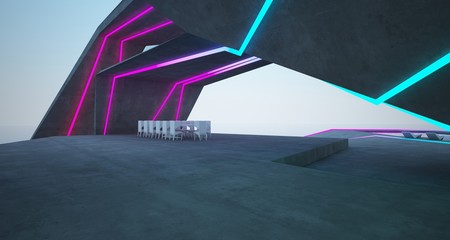 Abstract architectural concrete interior of a modern villa on the sea with colored neon lighting. 3D illustration and rendering.