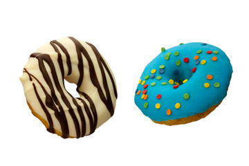 Doughnuts with chocolate and blue icing isolated on white background