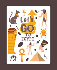 Ancient Egypt typographic poster, vector illustration. Travel agency promotional card template with symbols of Egyptian culture and history. Isolated flat style icons of pyramid and mummy sarcophagus