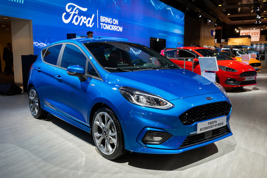 BRUSSELS - JAN 9, 2020: New Ford Fiesta EcoBoost Hybrid car model showcased at the Brussels Autosalon 2020 Motor Show.