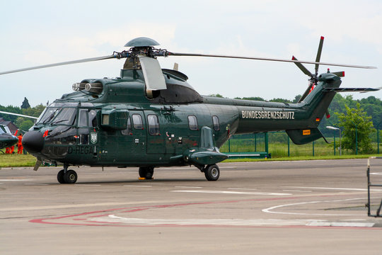 BONN, GERMANY - MAY 22, 2005: German Border Patrol Eurocopter AS-332L1 Super Puma Helicopter At Bonn-Hangelar Airport.