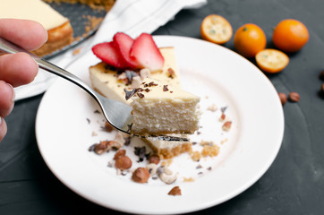 Fresh strawberry cheesecake Selective Focus, Focus on the front upper edge of the cake