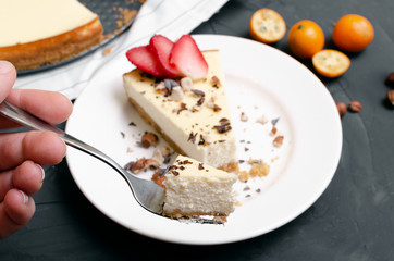 Fresh strawberry cheesecake Selective Focus, Focus on the front upper edge of the cake
