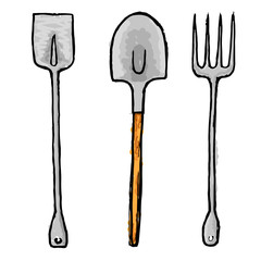 Creative hand drawn set of three. Illustartion of two shovels and pitchfork.