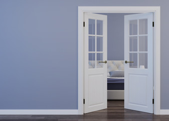 White door in the interior with a blue wall. An open doorway to the hotel bedroom. 3D rendering.