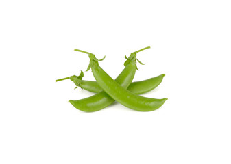 whole fresh sugar snap peas with stem on white background