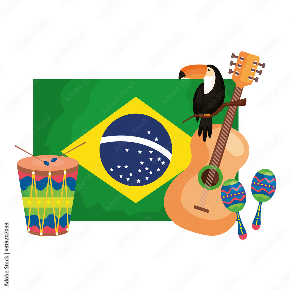 Poster toucan and icons with flag brazil vector illustration design