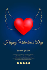 Happy Valentine's Day background with volumetric heart and place for text. Red 3d heart with wings. Vector Illustration.