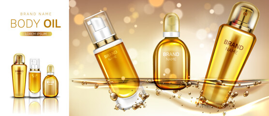 Body oil cosmetics bottles mockup banner. Beauty cosmetic product line for skin moisturizing and treatment on blurred golden background. Advertising promo for magazine. Realistic 3d vector, ad banner