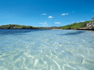 Transparent and turquoise waters of the Caribbean Sea. White sand beach and tropical blue sky....