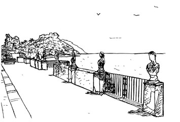 seafront, promenade is a sketch made with a pencil.flat black and white design.