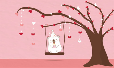 A chubby teddy bear hold cupcake and sit on swing that under the heart tree.it is wearing party hat and give eye wink.background is pastel pink.cute animal shows love and romantic on valentines day.