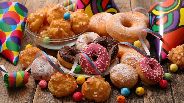 assorted of donut, cake and pastry for carnival, mardi gras