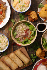 assorted of asian dish-noodle, soup, fried rice