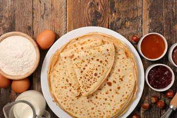 crepe with ingredient, jam and chocolate- top view