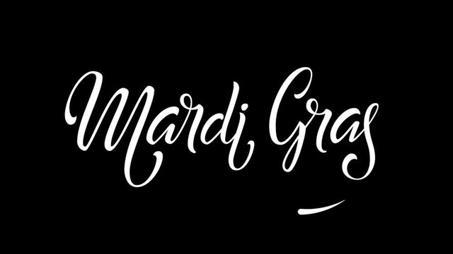 Mardi Gras lettering logo animation on transparent alpha background. Isolated hand written typography for Fat Tuesday