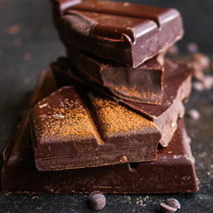 chocolate (delicious cocoa dessert, pieces ofbackground. top view. copy space sweets) menu concept. food 