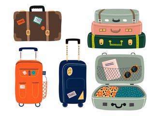 Set of Isolated Suitcases with wheels. Travel bags with various stickers.Hand drawn vector illustration in flat cartoon style.