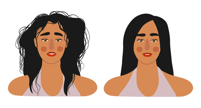 Faces of girls with long hair, with shaggy and combed. Isolated on white flat vector illustration.