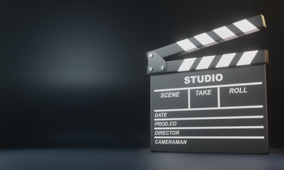 Fototapeta na wymiar Clapperboard on black background. Minimalist creative concept. Cinema, movie, entertainment concept. 3d render illustration