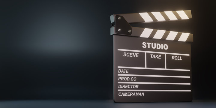 Clapperboard on black background. Minimalist creative concept. Cinema, movie, entertainment concept. 3d render illustration