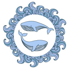 Cute whales in round wave frame. Sea poster vector illustration.