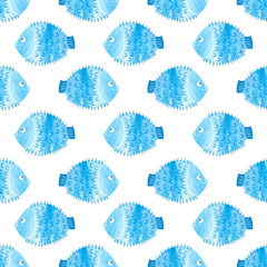 Seamless sea pattern with blue cartoon watercolor fish.