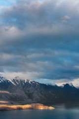 Queenstown New Zealand. Mountains. Clouds. Snow. Aerial.. Lake Wakatipu