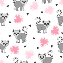 Seamless pattern with cute lemurs and palm leaves. Wallpaper, textile, fabric design for kids