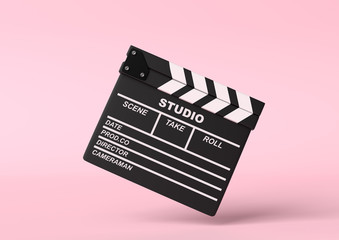 Flying сlapperboard isolated on bright pink background in pastel colors. Minimalist creative concept. Cinema, movie, entertainment concept. 3d render illustration