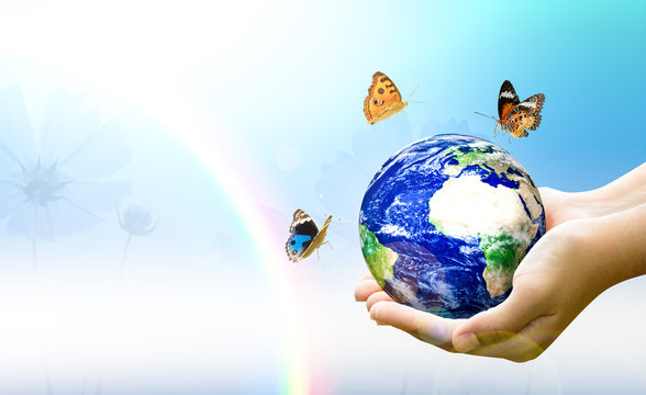 Woman hands holding world or globe with butterfly on earth day.Environment conservation and energy saving concept.Elements of this image are furnished by NASA.