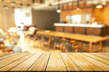 Perspective of wooden with blurred of shop background