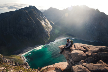 Famous view over Kvalvika beach from Ryten mountain. On of the best hikes in Lofoten islands in...