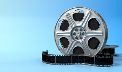 Obraz premium Film reel isolated on bright blue background in pastel colors. Minimalist creative concept. Cinema, movie, entertainment concept. 3d render illustration