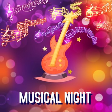 Neon live music night concert or acoustic disco party poster with electronical guitar and sparkling notes, vector illustration. Musical party, night club, musicians punk, metal or rock festival.