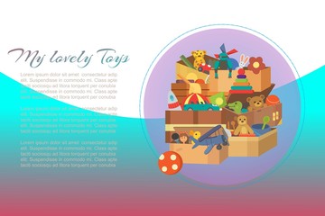 My favorite toys, time to play, kids games vector illustrations with soft animals, small cars and easy constructors, dolls in cardboard boxes banner. Favorite toys for kids, kindergarden equipment.