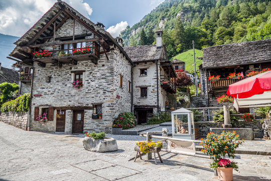 The village of Sonogno in Val Verzasca with houses made with stones and wood