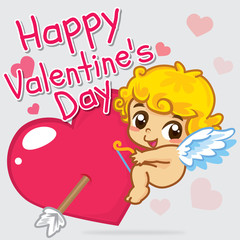 Funny Little Cupid Holding Heart, cute cartoon little Valentine.