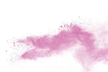Pink powder explosion on white background. Paint Holi.