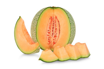 whole and slice of japanese melons, orange melon or cantaloupe melon with seeds isolated on white background