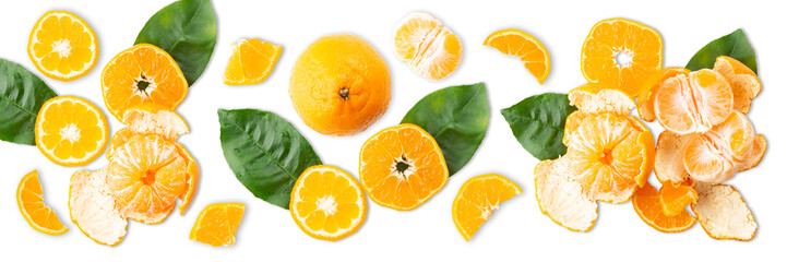 Slices of tangerine or orange. Fruit background. Flat lay, isolated on white background. Food background. Top view