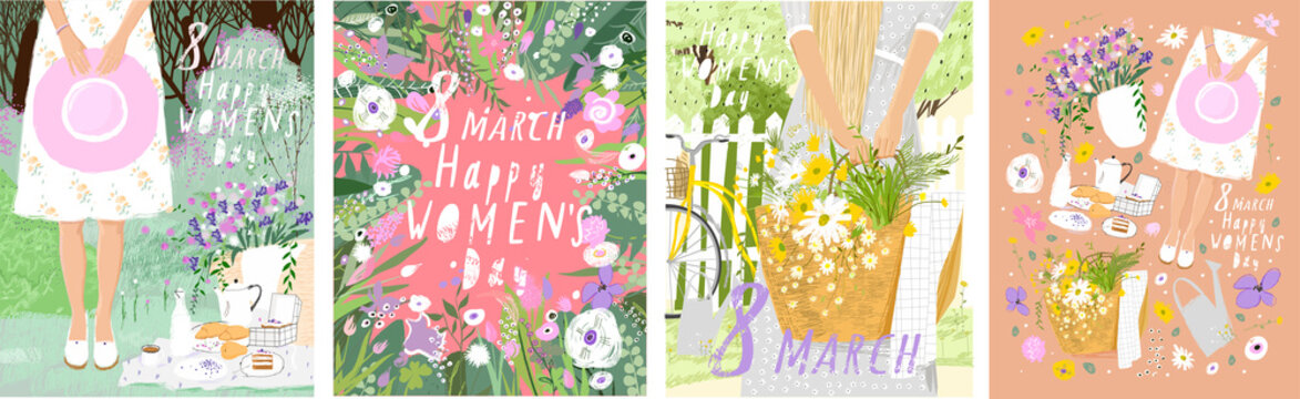 Happy Women's Day March 8! Cute spring vector illustration of a woman with a hat and a basket of flowers on nature on a picnic. Drawing for card, background and poster.
