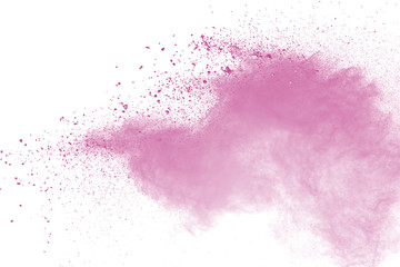 Pink powder explosion on white background. Paint Holi.