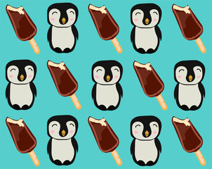 Cute penguin with ice cream on a blue background. Print with cute animals.