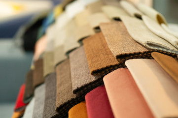 Upholstery fabric samples. Fabric for a furniture upholstery. Textile industry background