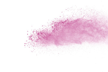 Pink powder explosion on white background. Paint Holi.