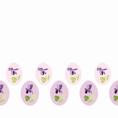 Vector nature botany easter repeat boder with violet on pastel easter egg. Beautiful colorful design for your family event. Nature background. Print, fabric, stationary.